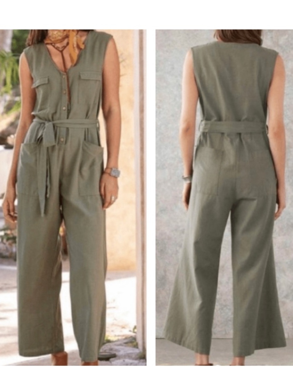The Shanty Corporation Army Green Jumpsuit Cotton Flax Sleeveless Wide Leg M